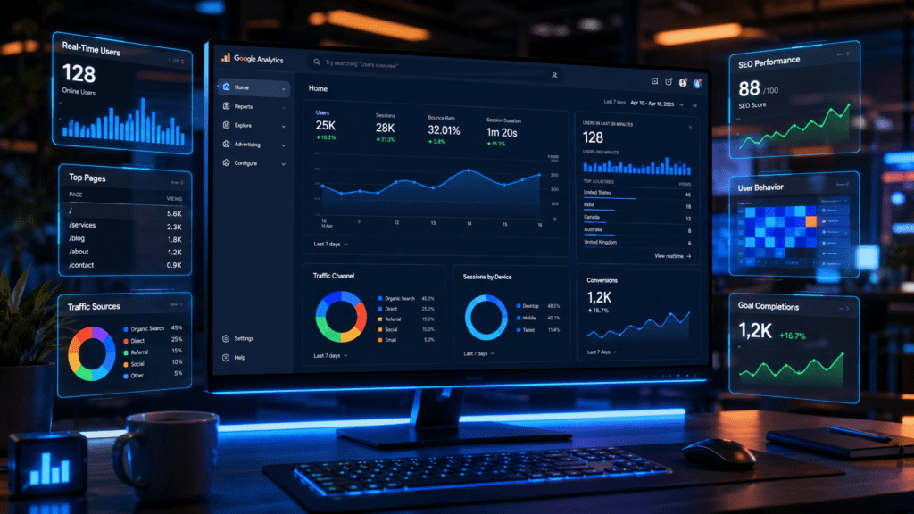 A futuristic AI-powered analytics workspace showing a robotic AI analyzing website traffic, SEO reports, and audience data through glowing holographic dashboards in a cyberpunk-style digital environment.
