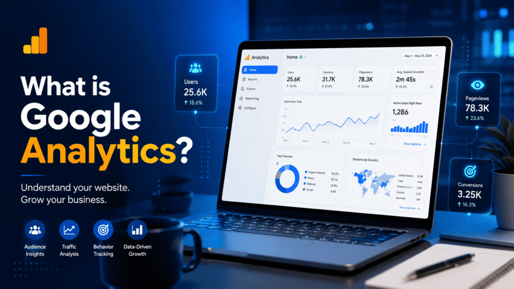 Modern Google Analytics dashboard image showing website traffic reports, audience insights, SEO performance metrics, and business growth analytics in a professional digital workspace setup.
