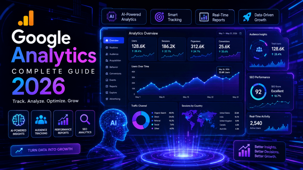 Futuristic AI-powered Google Analytics dashboard with hologram charts, SEO reports, audience tracking, and real-time website growth metrics in cyber-tech style.