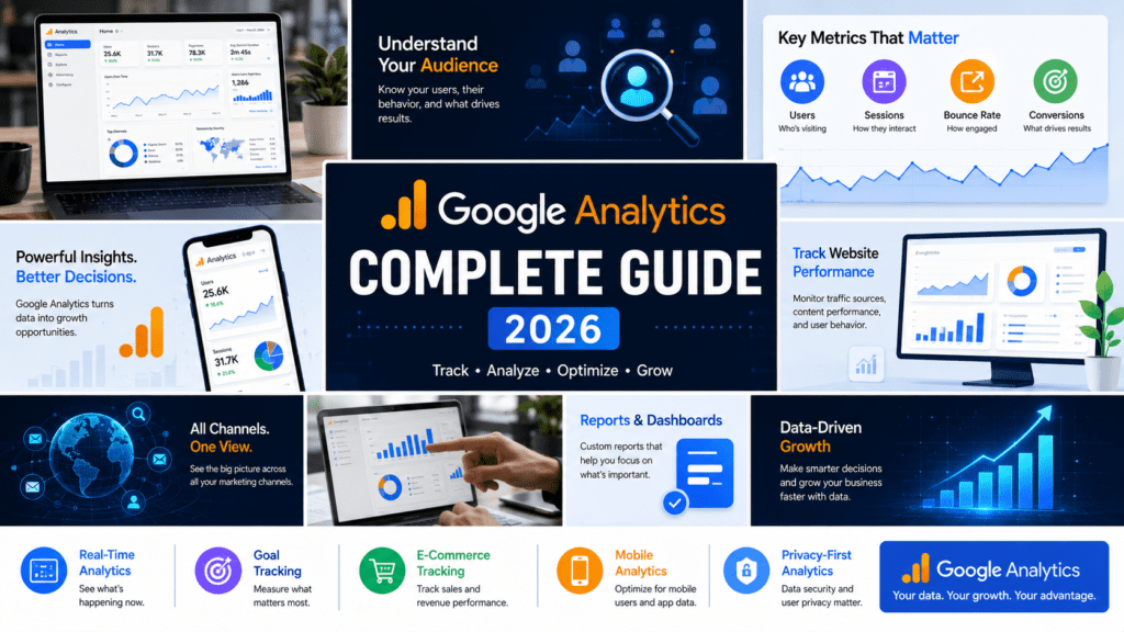Creative Google Analytics collage banner featuring analytics dashboards, traffic reports, SEO metrics, audience tracking, and website performance insights in modern digital marketing style.