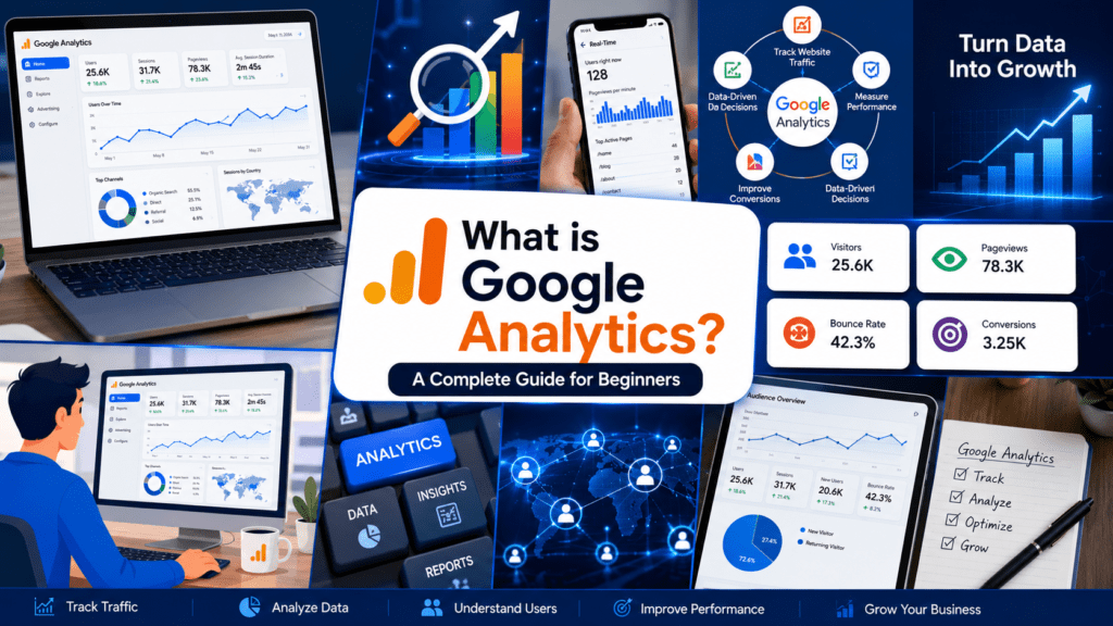 Creative Google Analytics collage banner featuring analytics dashboards, traffic reports, SEO metrics, audience tracking, and website performance insights in modern digital marketing style.
