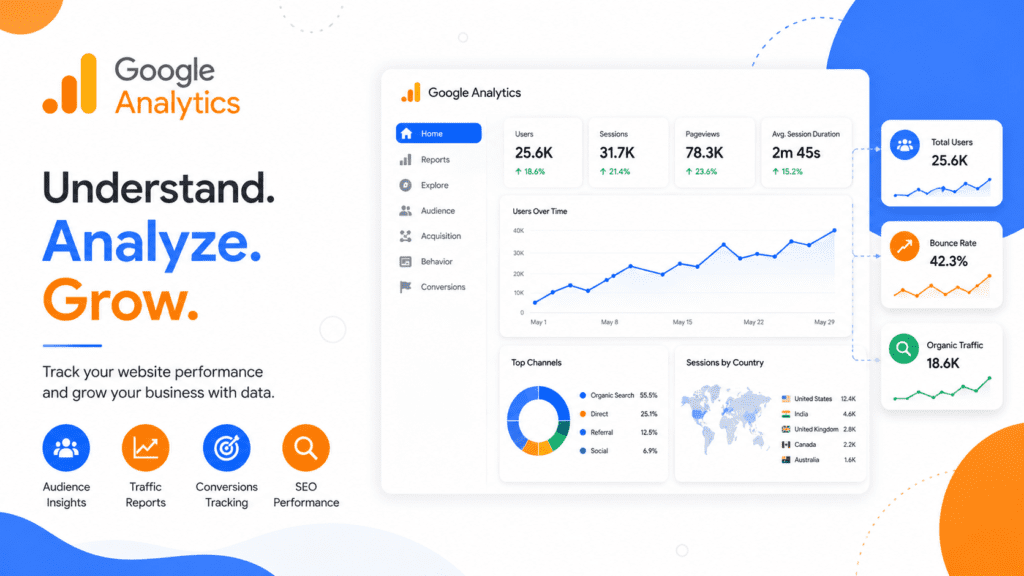 Minimal and clean Google Analytics banner with simple dashboard graphs, SEO performance icons, traffic reports, and website analytics metrics perfect for WordPress blogs